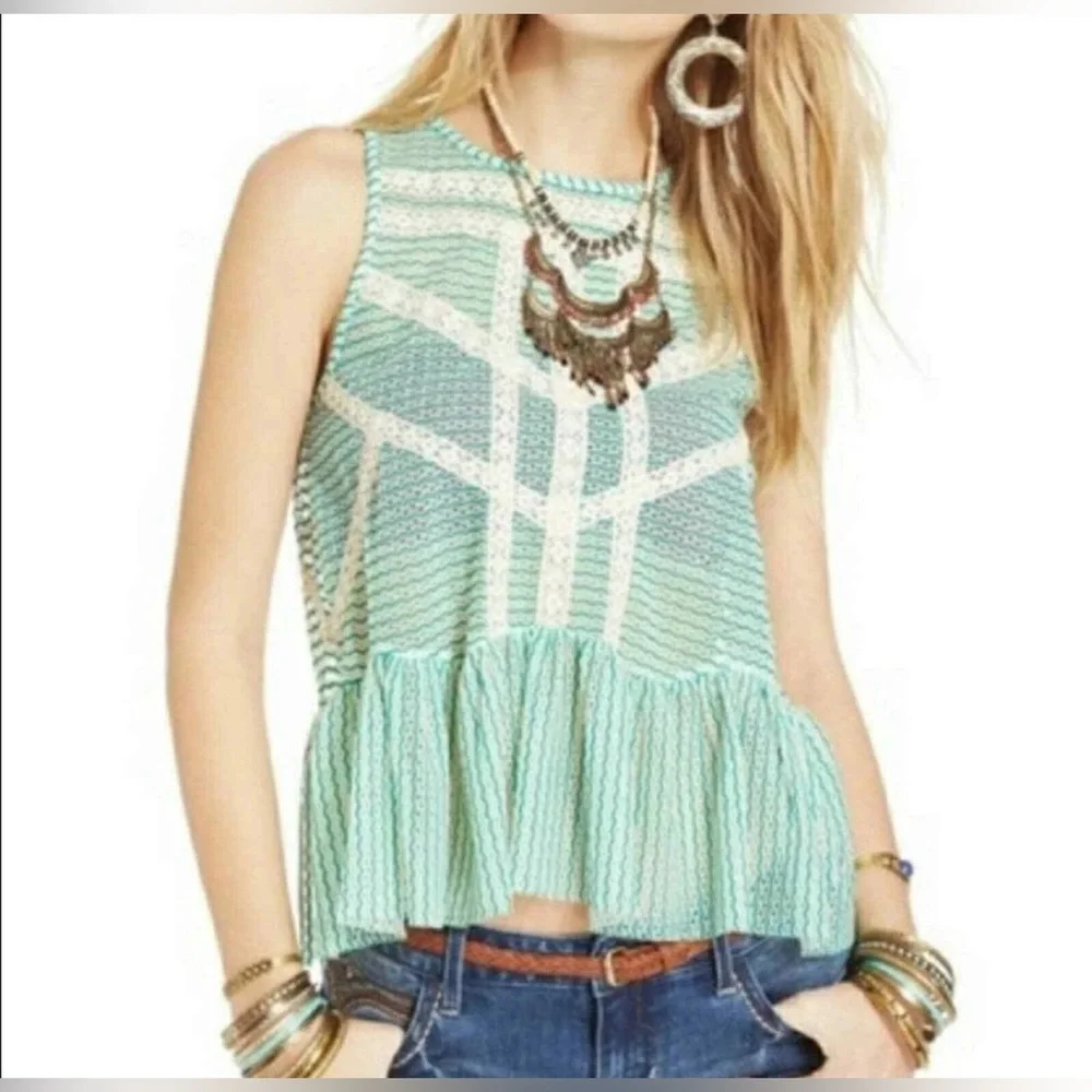 FREE PEOPLE || Loose Weave Crochet Turquoise & Lace Sleeveless Peplum Top XS - Picture 10 of 12